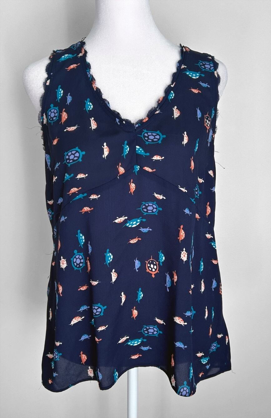 Maeve Anthropologie Navy Blue Terrapin Turtle Print V-Neck Sleeveless Top, 4